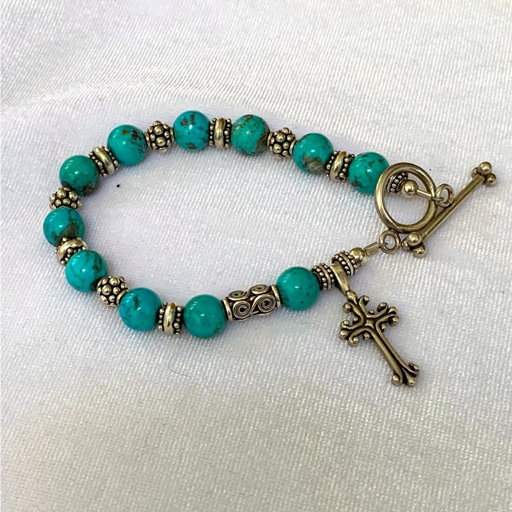 Faux Turquoise and Silver Bead Bracelet, with Sterling Cross
